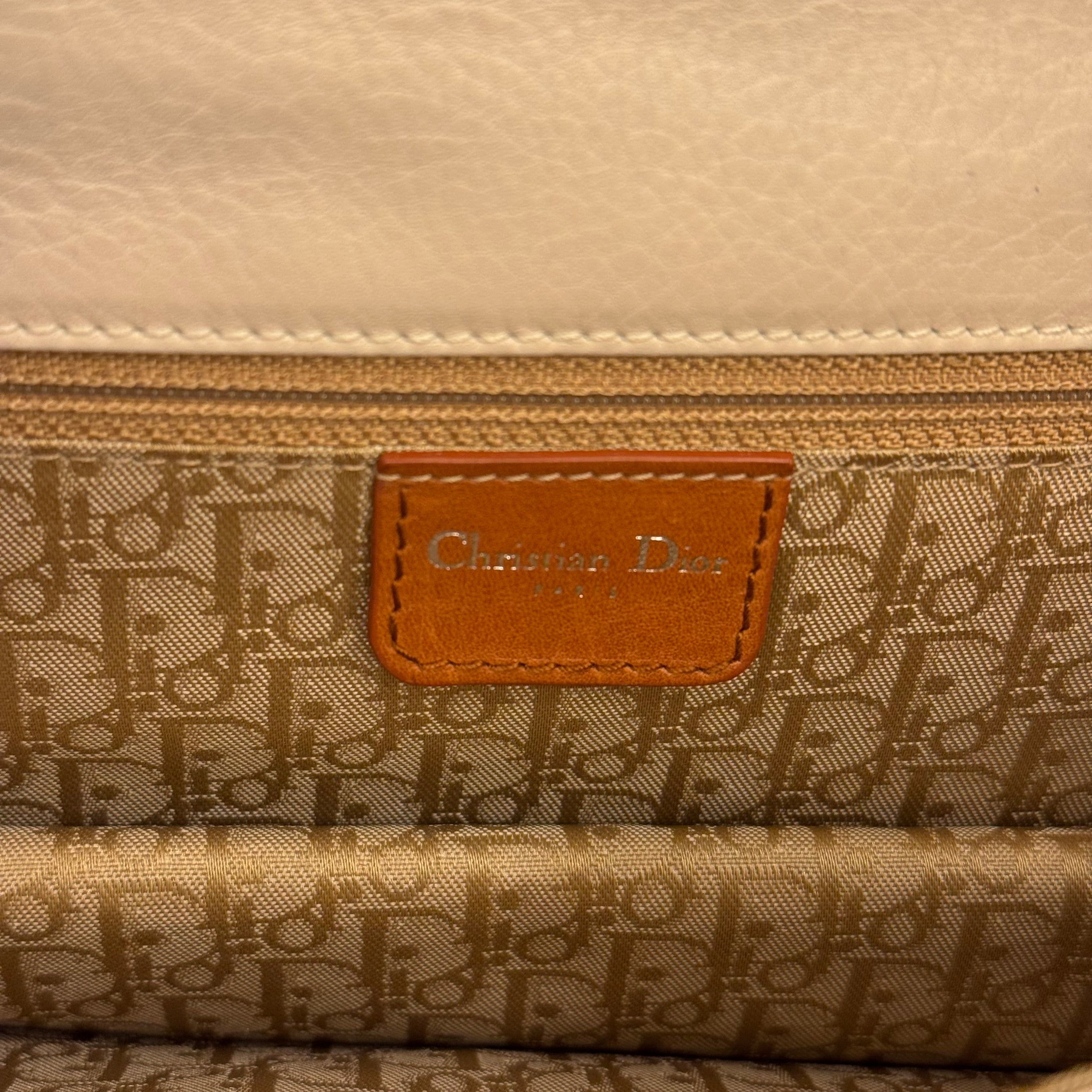 Dior Patching Leather Handbag White Brown Pearl 05-MA-0074 【Charm Damaged】