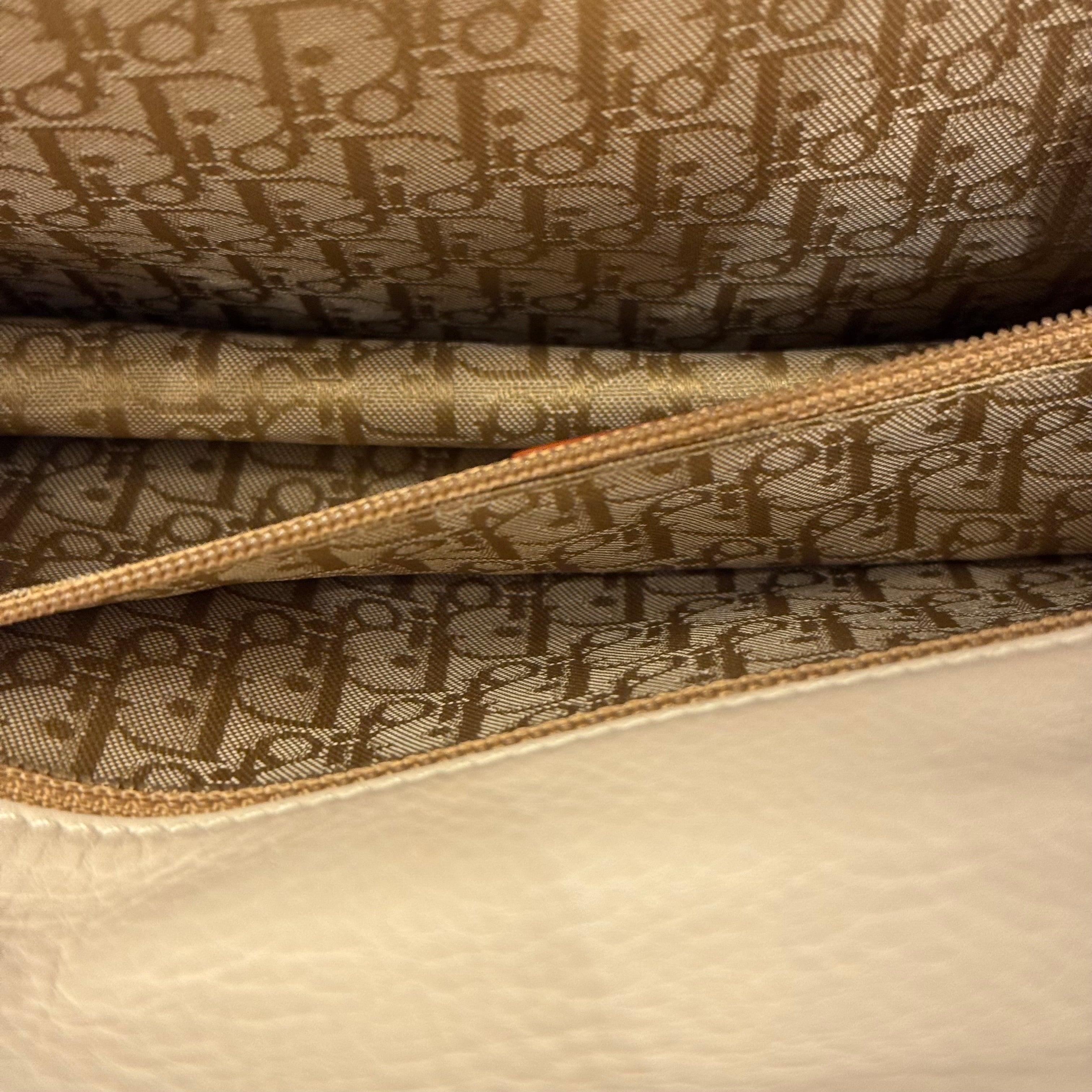 Dior Patching Leather Handbag White Brown Pearl 05-MA-0074 【Charm Damaged】