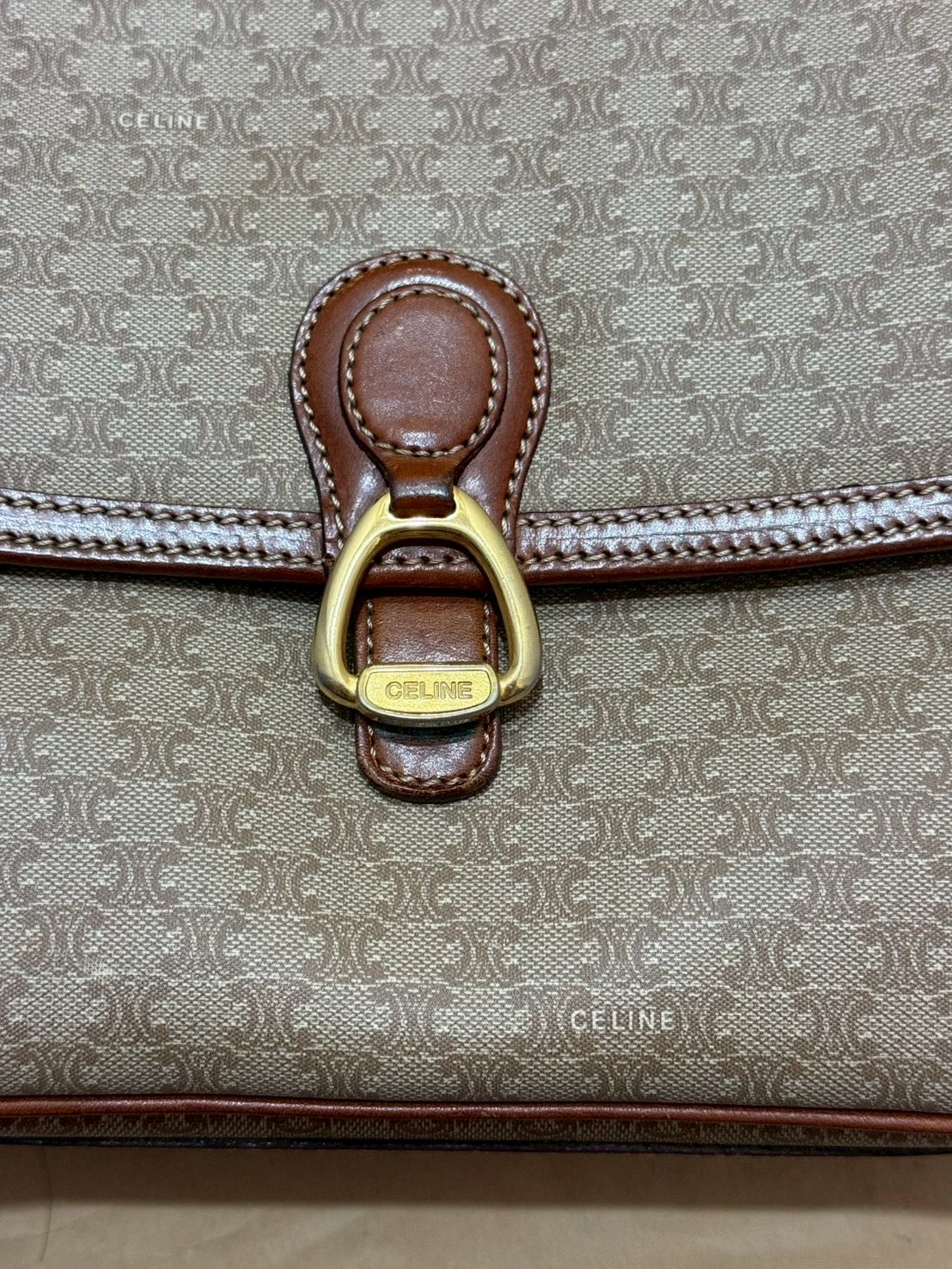 VINTAGE Celine Macadam Shoulder Bag Beige x Brown Shoulder