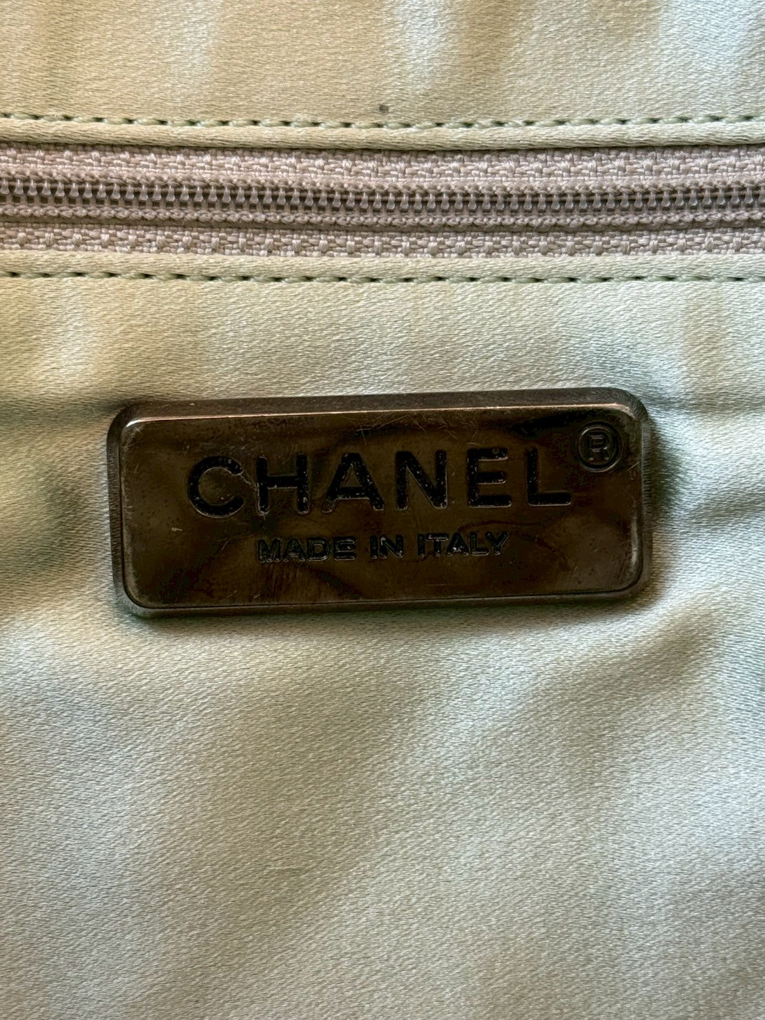 CHANEL Denim Satin Mesh Shoulder Bag 2way Light Green W37cm