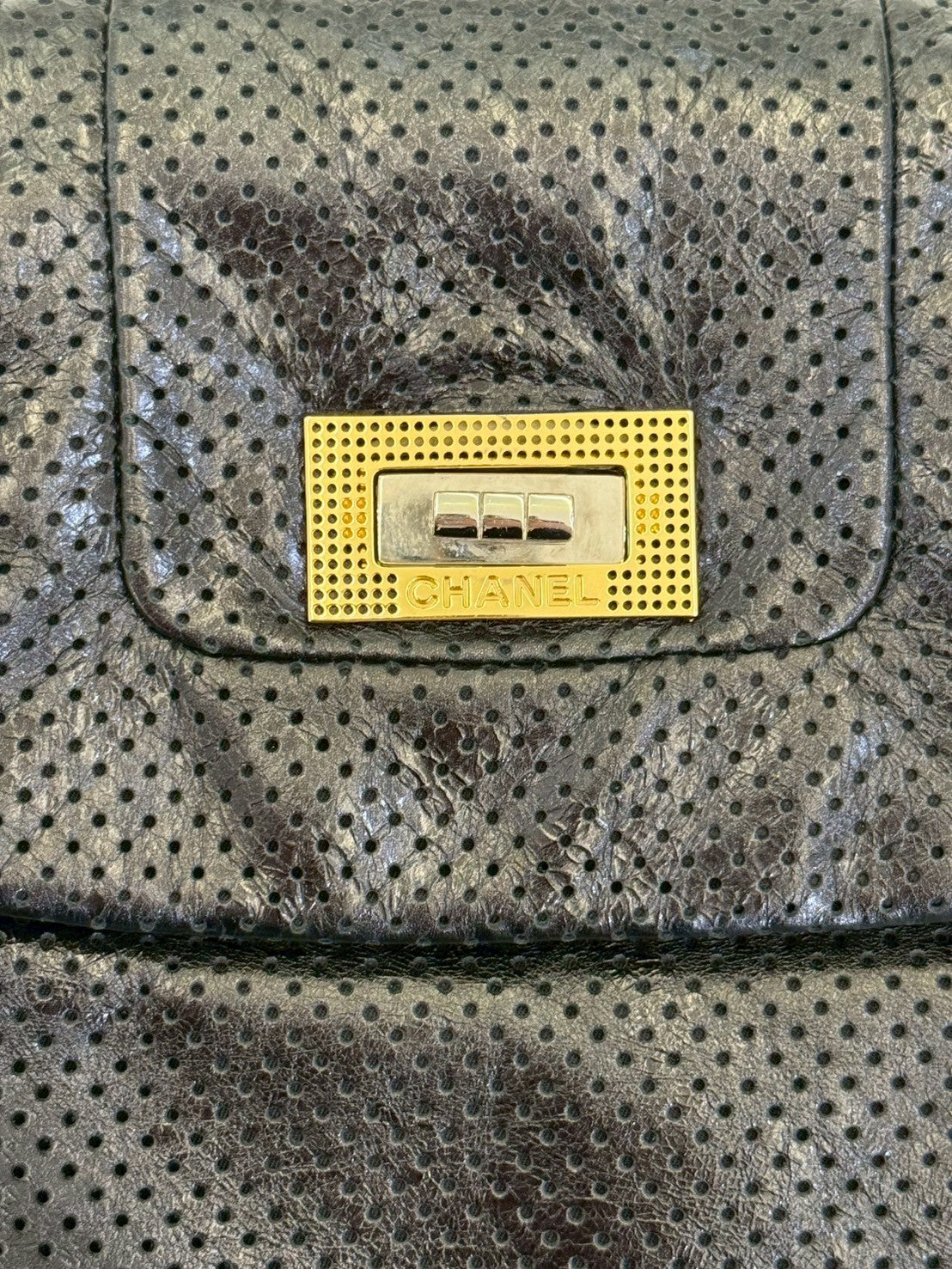 CHANEL 2.55 Chain Shoulder Tote Punched Leather No. 12 Black